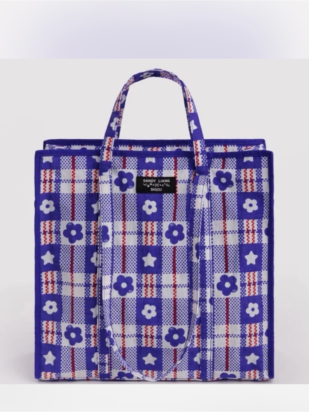 Sandy Liang Blue Floral Plaid Tote